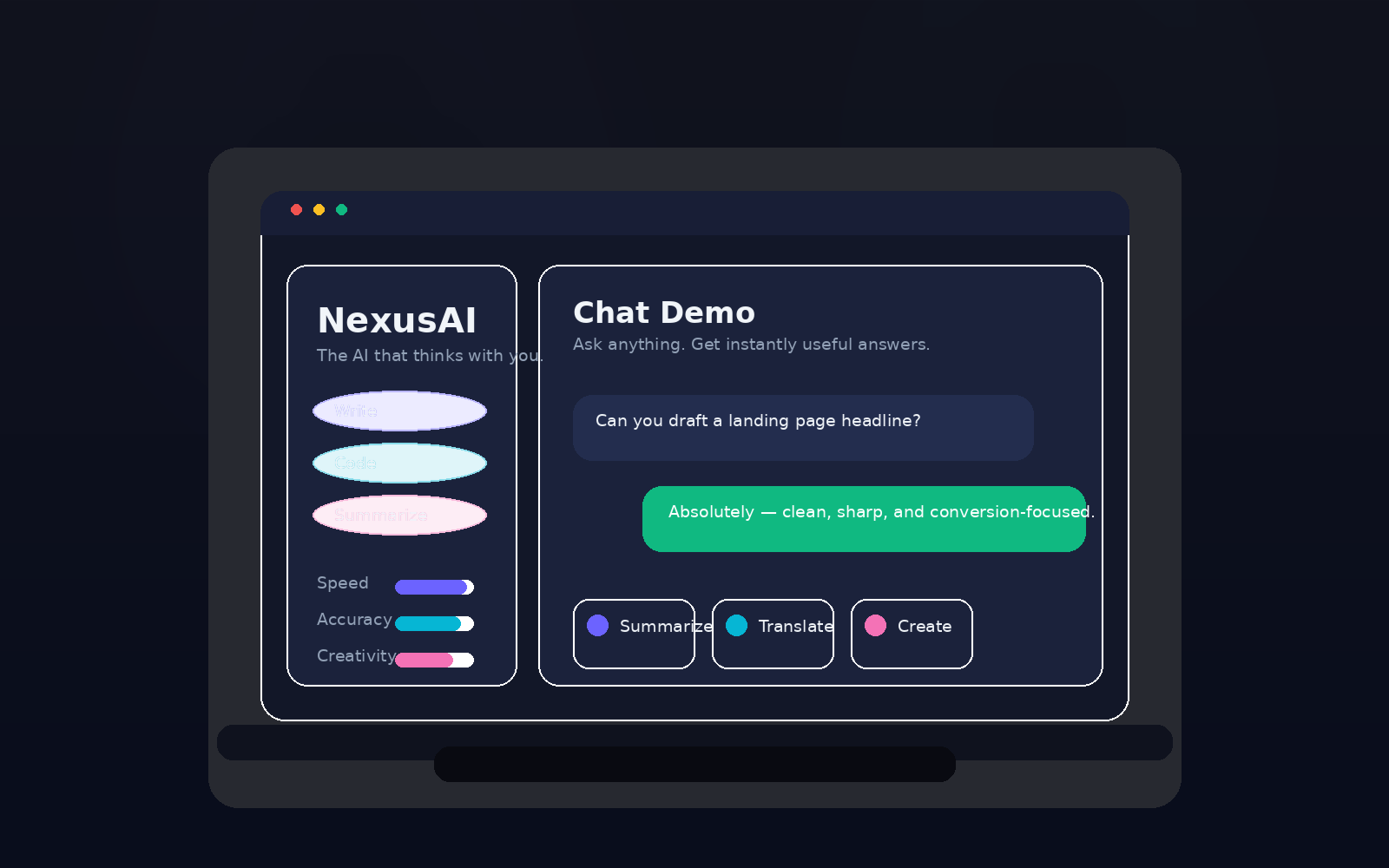 NexusAI chat interface displayed on a laptop